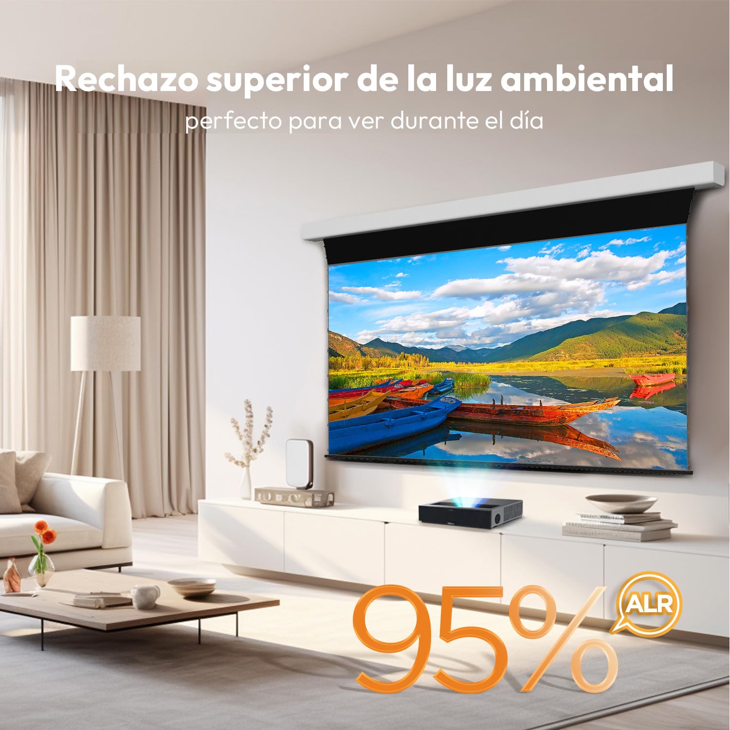Pantalla ALR Motorizada Enrollable Proyector 120 Pulgadas | Para Proyector de Tiro Ultracorto,95% Rechazo de Luz Ambiental,Roll Down Eléctrica,4K/8K UHD,Montaje Techo/Pared,Cine en Casa