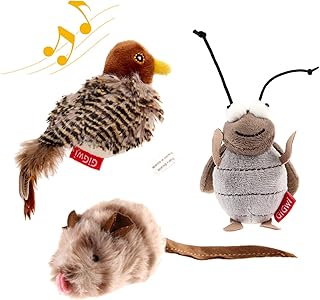 Gigwi Automatic Cat Toys Pack - Interactive Electronic Plush Toys with Bird/Cricket/Mouse Sounds for Indoor Cats to Play Alone and Squeak, 3 Pcs
