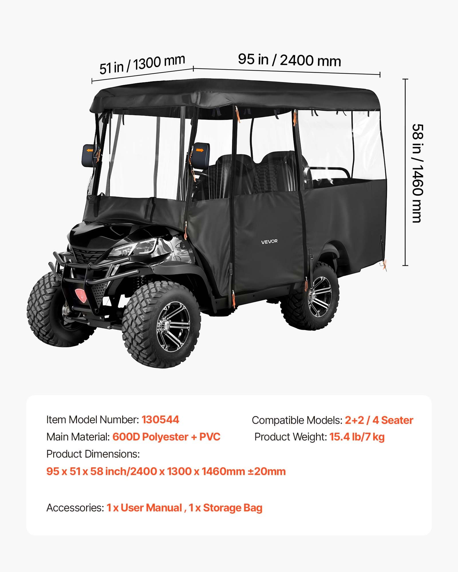 VEVOR Copertura per Carrello da Golf Visibile Antipioggia Copertura per Golf Cart max 4 Posti in Tessuto Oxford 600D Impermeabile Finestre in PVC Trasparente Protezione Solare Antipolvere da Esterno
