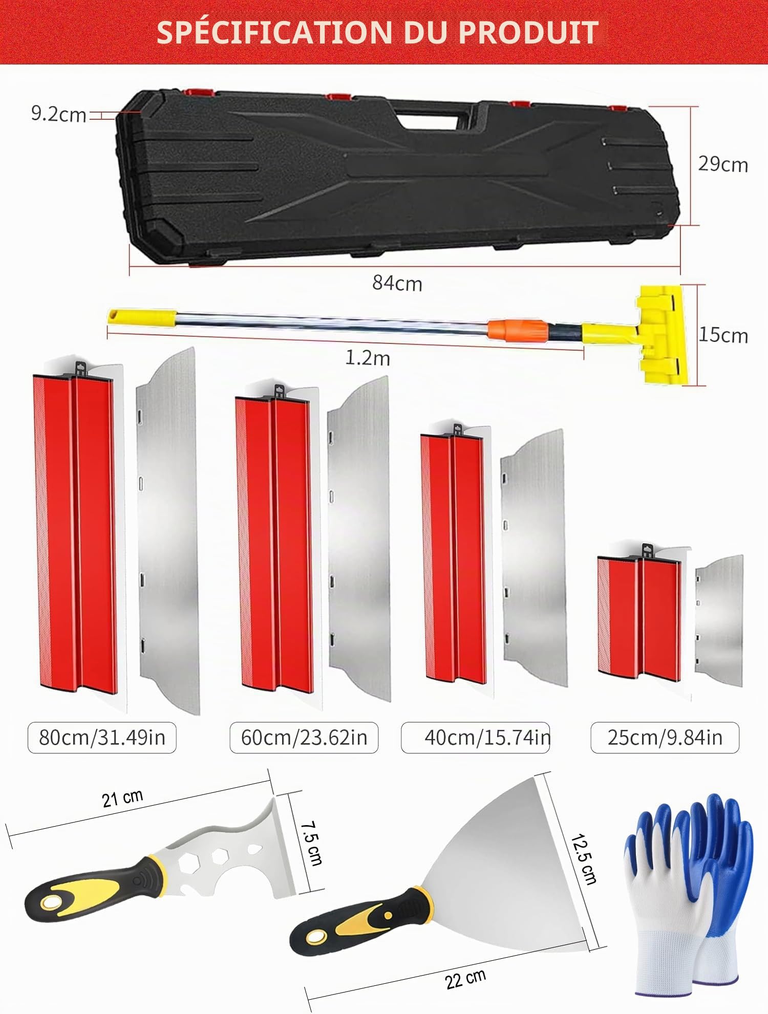 14 PCS Kit de Couteau à Enduire Professionnel, 25/40/60/80 cm Lames en Acier Inoxydable 0,35 et 0,5 mm, Perche Télescopique 1,28 m et Mallette pour Plaquiste, Kit de Lissage pour Cloisons Sèches
