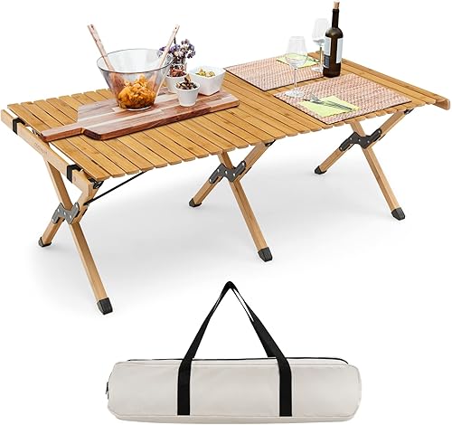 COSTWAY Mesa de picnic plegable mesa de camping enrollable con bolsa de almacenamiento para 4 a 6 personas mesa de banco de bambú de baja altura
