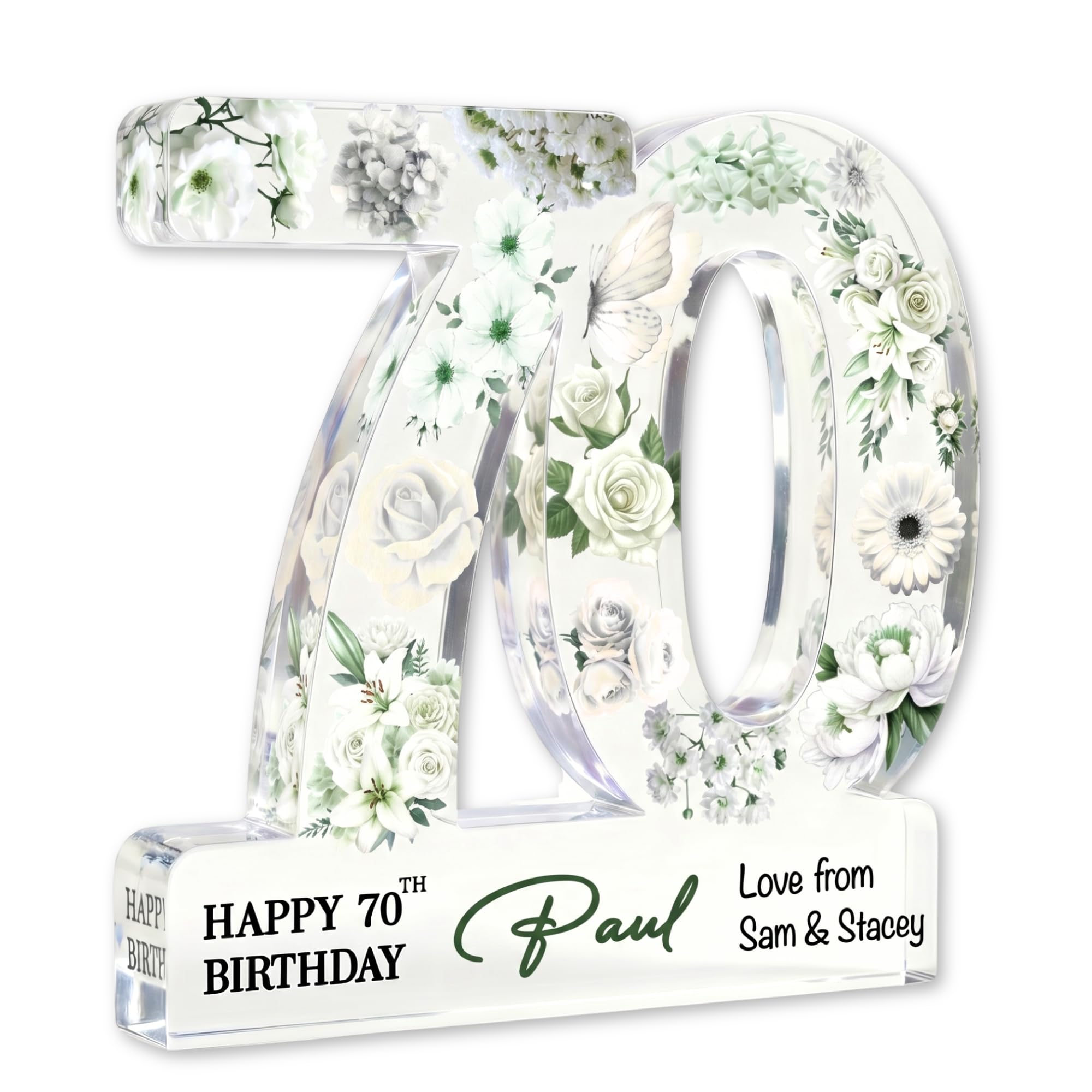 MyKeepsy Personalised 70th Birthday Plaque – Custom Name & Message Acrylic Keepsake, Floral 70 Decoration Gift for Women & Men, Available in 6 Colours (White Floral)