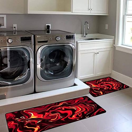 Miniatura 2 de Juego de alfombras de cocina abstractas con llama roja y amarilla, remolino, neón, colorido, degradado, tapete de cocina antideslizante, lavable,