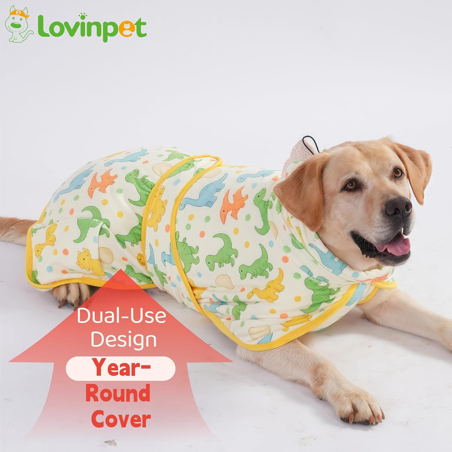 LovinPet 3‑in‑1 Dog Warm Winter Coat & Bathrobe, Hooded Dinosaur Fleece, Lightweight High‑Loft, Absorbent Knit, Quiet Hook‑and‑Loop, Wind‑Blocking Edges, Dog Robes for Medium & Large Dogs, Yellow,M