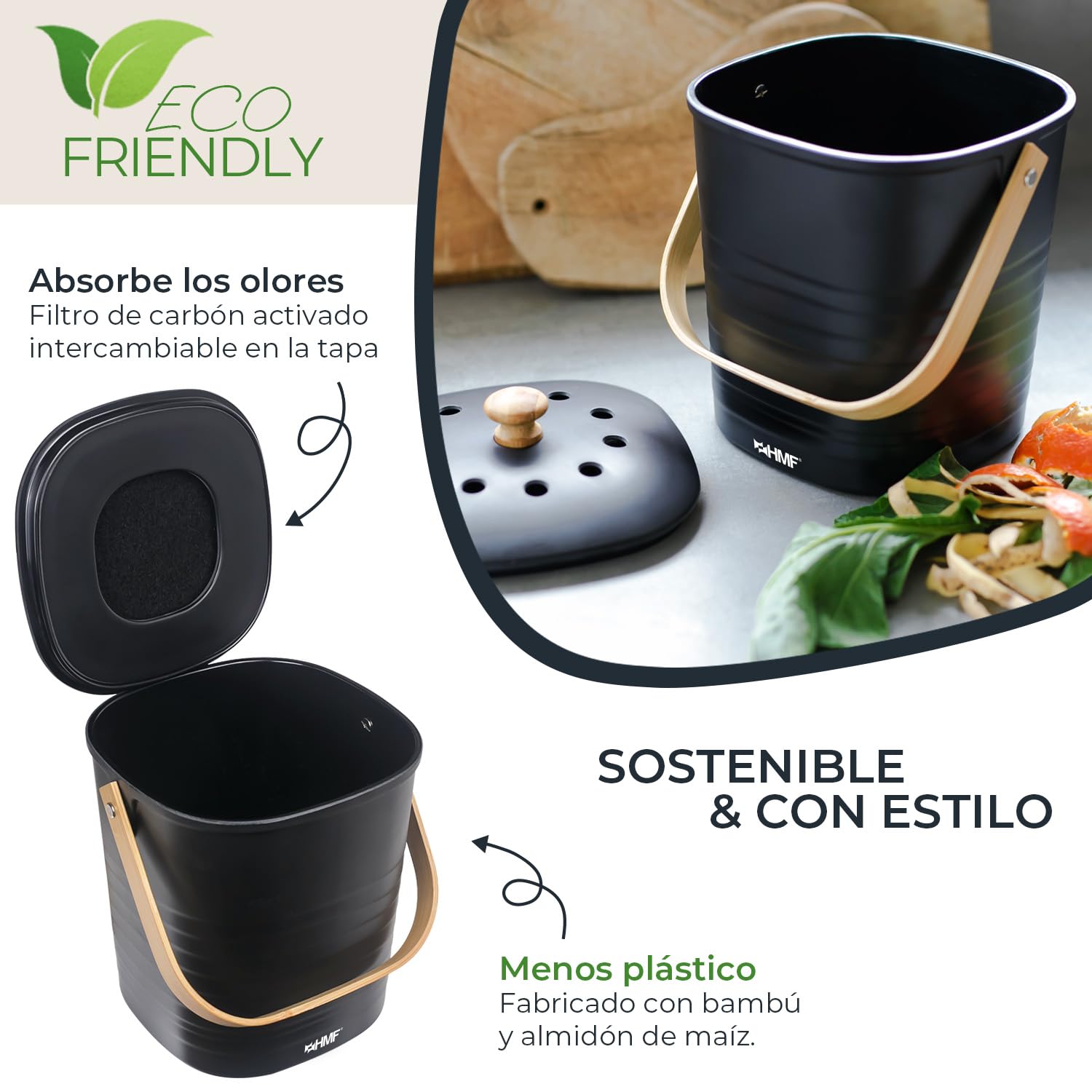 HMF Cubo de basura ecológico sostenible para cocina, inodoro con tapa, 3 litros, color negro