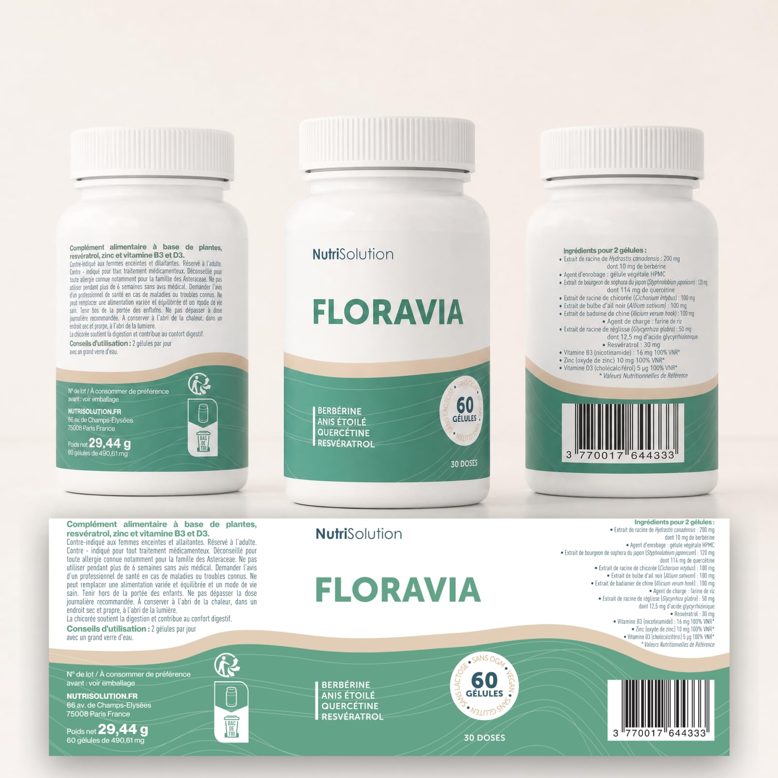 Floravia by NutriSolution I Resvératrol, Zinc, Vitamine B3, Vitamine D3, Berbérine, Quercétine, Inulin I 'Absorption des Nutriments, Probiotiques, à base de Plantes I Fabriqué en France (3)
