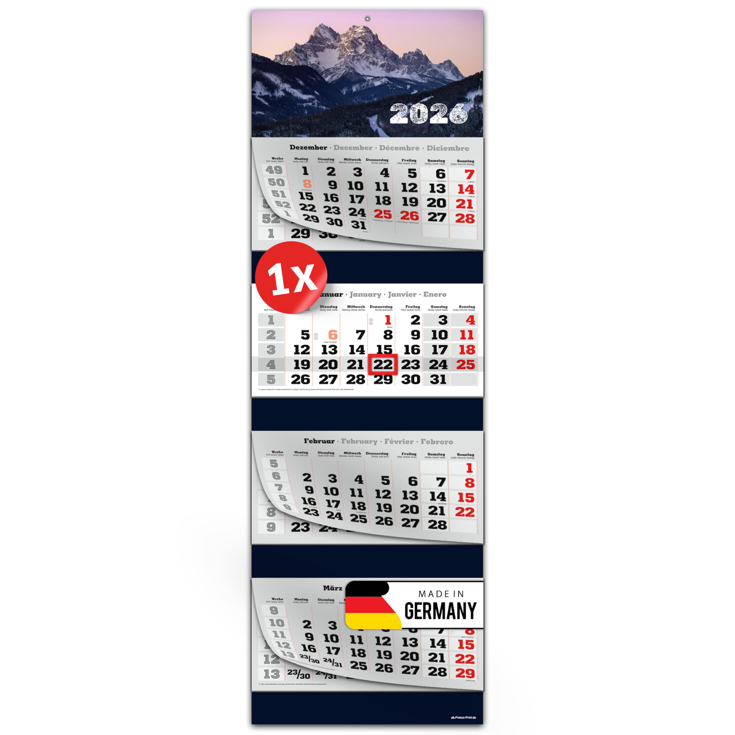 PRIMUS PRINT XXL Kalender 2025 - 4-Monats Mehrblock Wandkalender 32x98,7cm