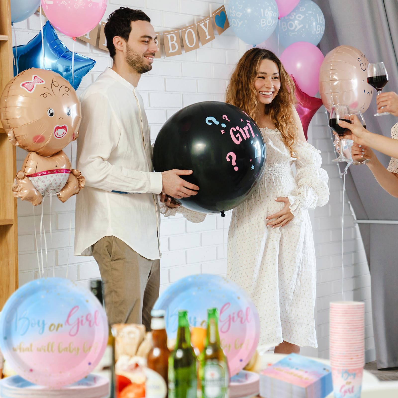 Hushee 200 Stück Geschlechtsoffenbarung Babyparty Pappteller Servietten Becher Babyparty Partyzubehör Geschirr-Set Einwegbecher Serviette für 50 Gäste Party Dekoration