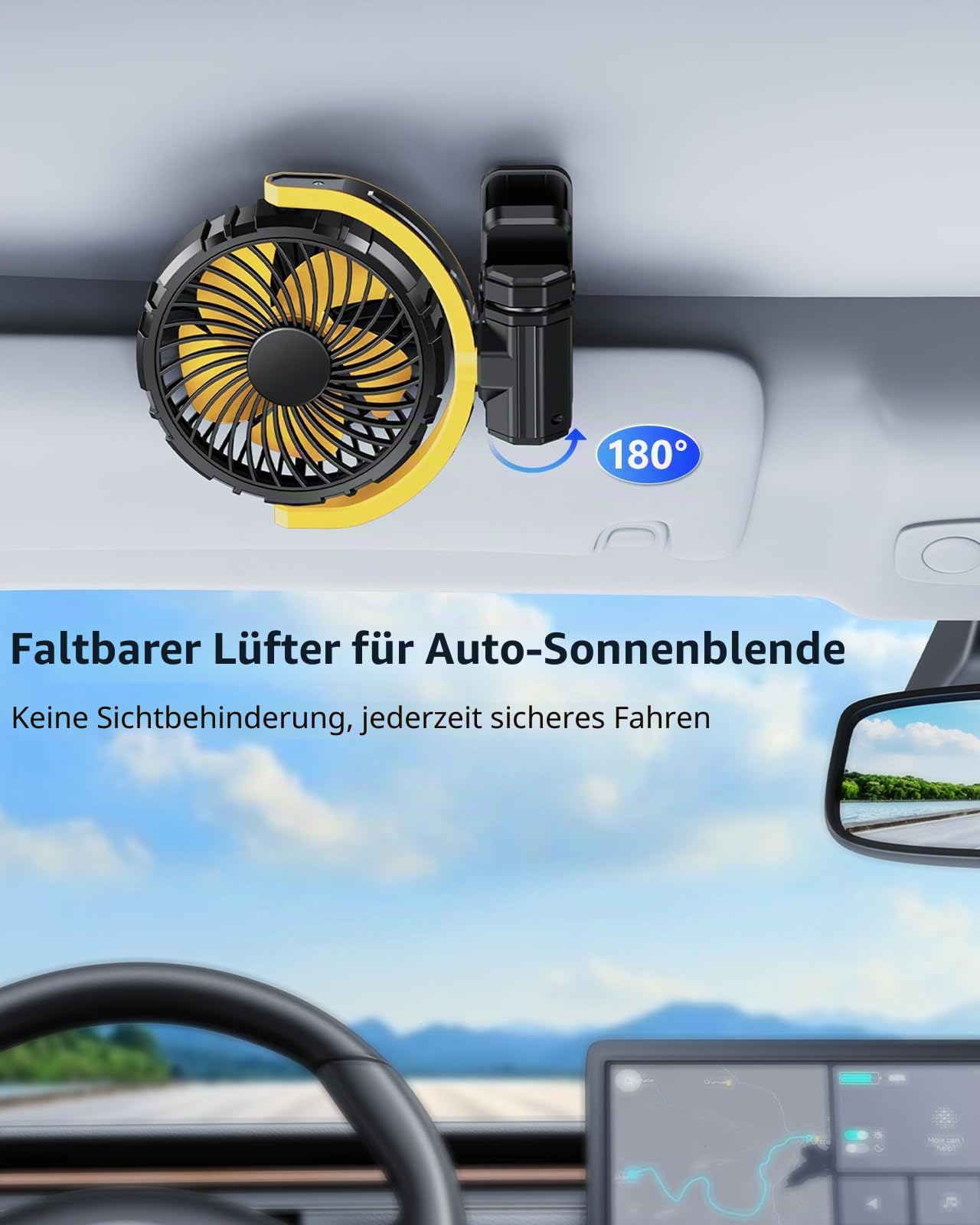 Akku-Ventilator für Auto-Sonnenschutz, Rücksitz & Dachgriffe, leiser tragbarer Clip-Autoventilator für SUV, Van, Wohnmobil, Pickup, Camping, Schreibtisch, Bett, Kinderwagen & Babybett - Gelb