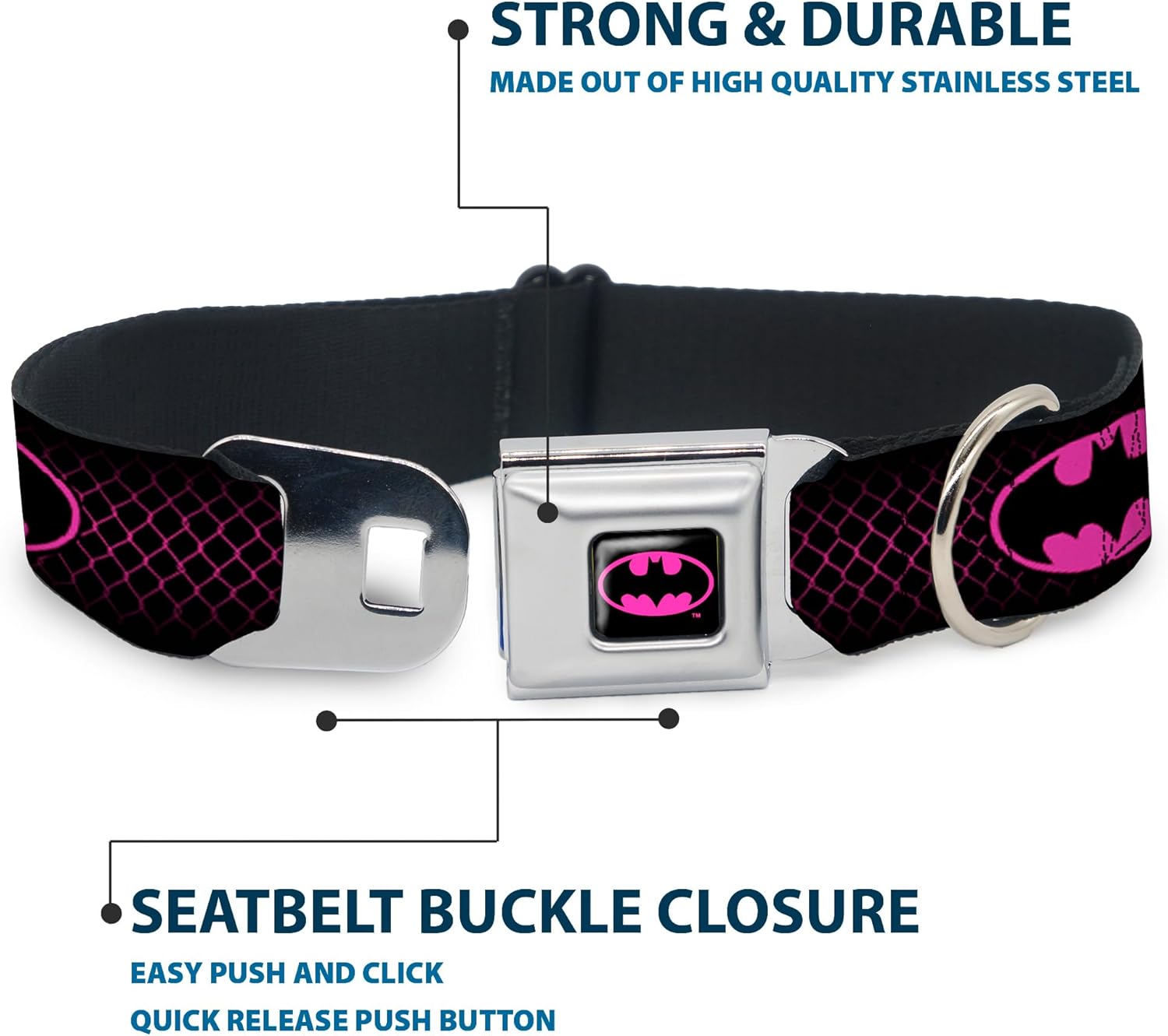 Dog Collar Seatbelt Buckle Batman Shield Chainlink Black Hot Pink 16 to 23 Inches 1.5 Inch Wide