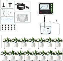 PChero Kit De Sistema Irrigação Por Gotejamento Automático, Dispositivos Autoirrigação Para Plantas Interior 15 Em Vasos, Regador Com Carregamento Usb, Temporizador, Campainha E Sensor Água Férias