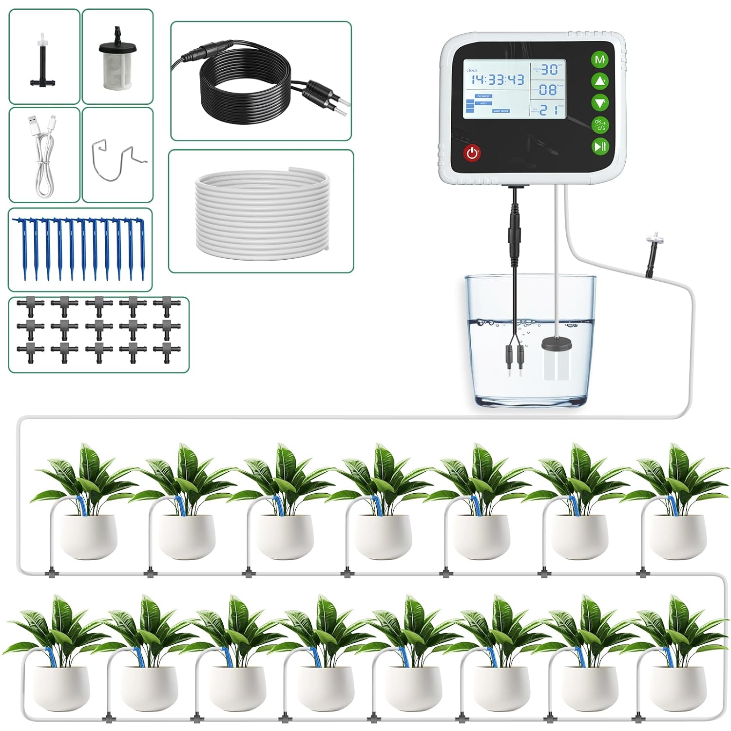 PChero Automatic Drip Irrigation System Kit, Indoor Plant Self Watering System Devices for 15 Potted Plants, USB Charging Plant Waterer Indoor with Timer, Buzzer and Water Sensor for Vacation