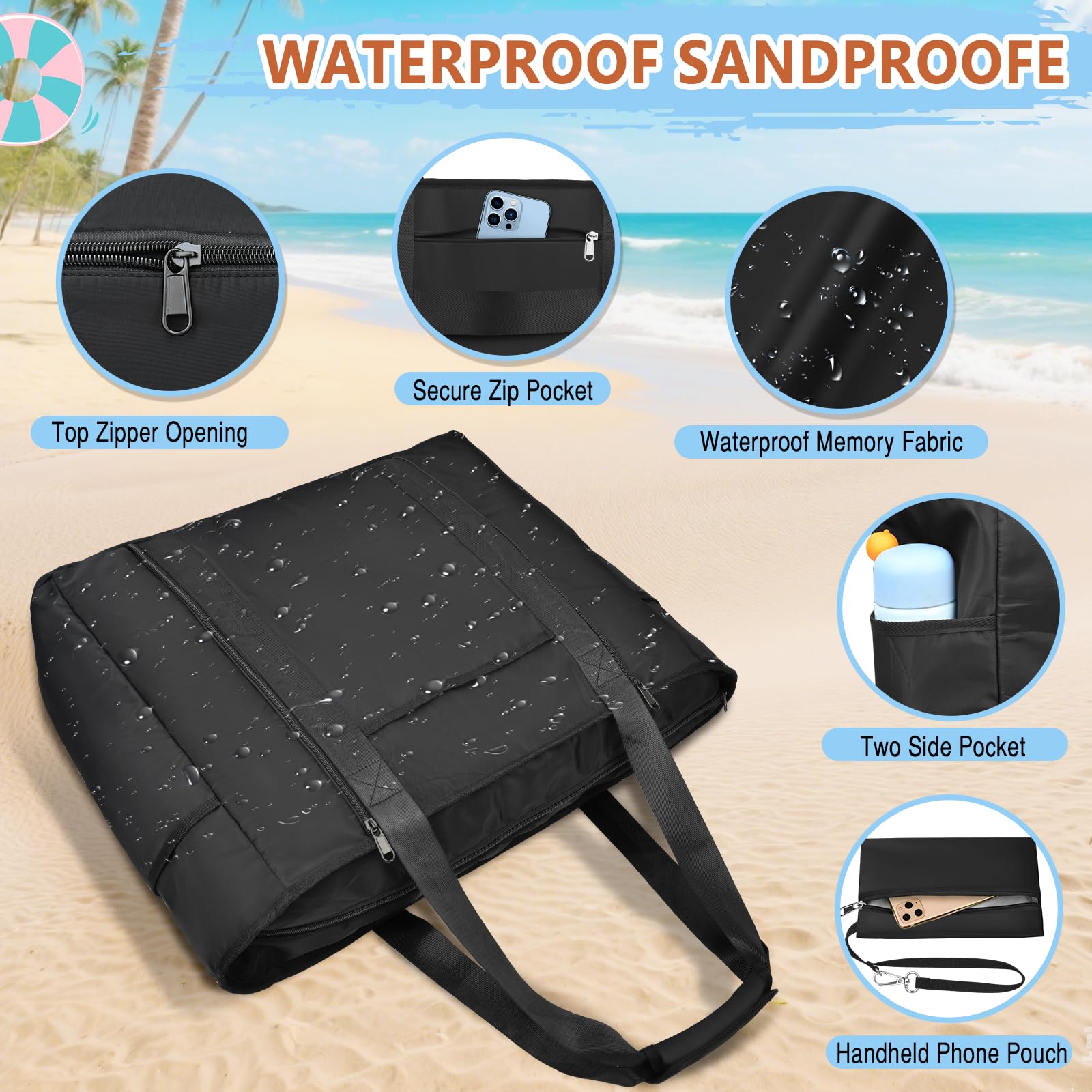 Grand Sac Plage Femme avec Fermeture Éclair XXL Famille 45L Sac de Plage Imperméable Sacs Caba Plage Pliable Beach Tote Bag pour Piscine Gym Vacance