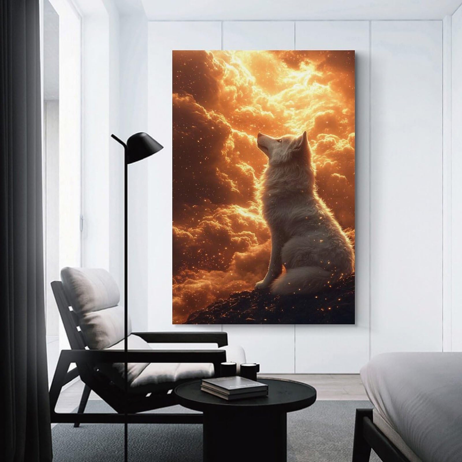 Junmoney White Wolf in Fiery Clouds Hanging Wall Art 08x12inch(20x30cm), for Study, Office Or Focused Interiors, Wall Art That Adds Style to Work Areas