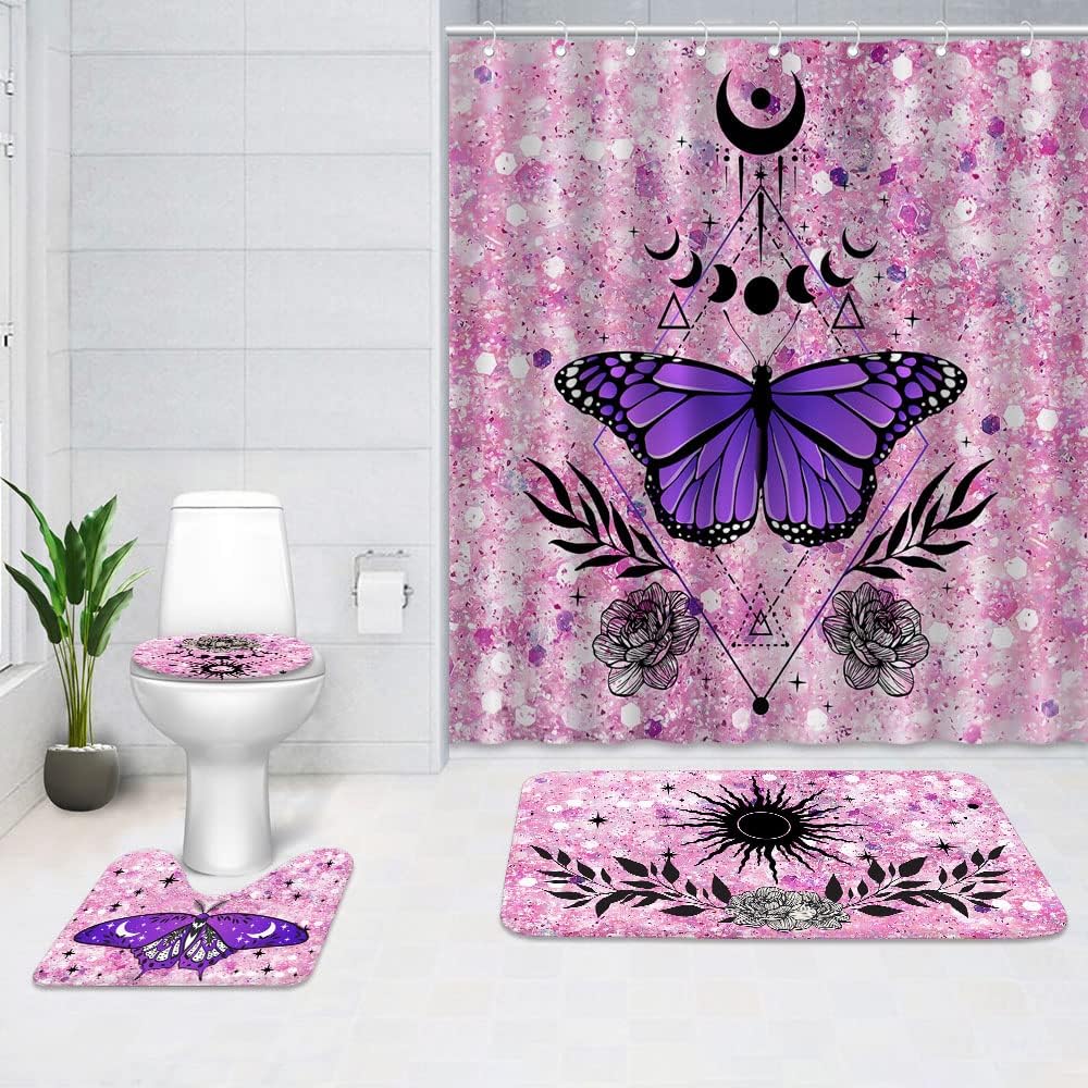 Gothic Butterfly Shower Curtain for Pink Bathroom Decor Moon Phase Shower Curtain with Hooks, Toilet Lid Cover and Bath Mat Gothic Shower Curtain Bathroom Decorative Sets of 4