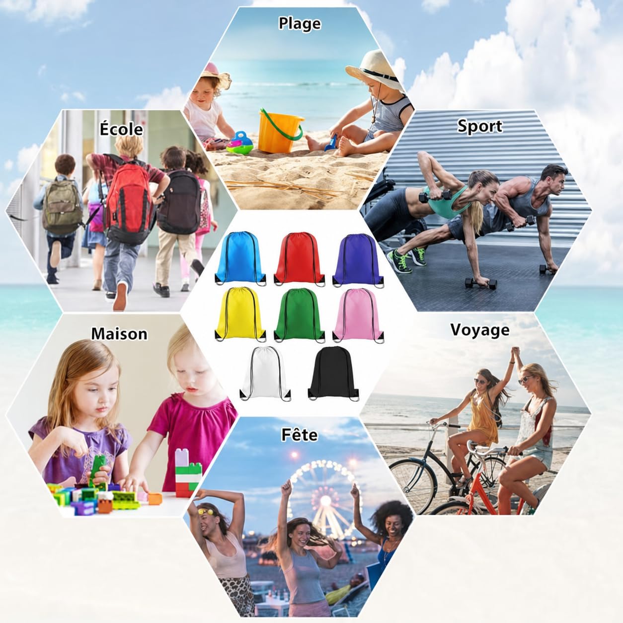 Lot de 64 Sacs à Cordon de Sport, Sacs à Dos à Cordon Imperméable pour Enfants, Ados et Adultes – Sacs de Gym Polyvalents pour École, Voyage, Fitness, Camping, Fête (8 Couleurs)