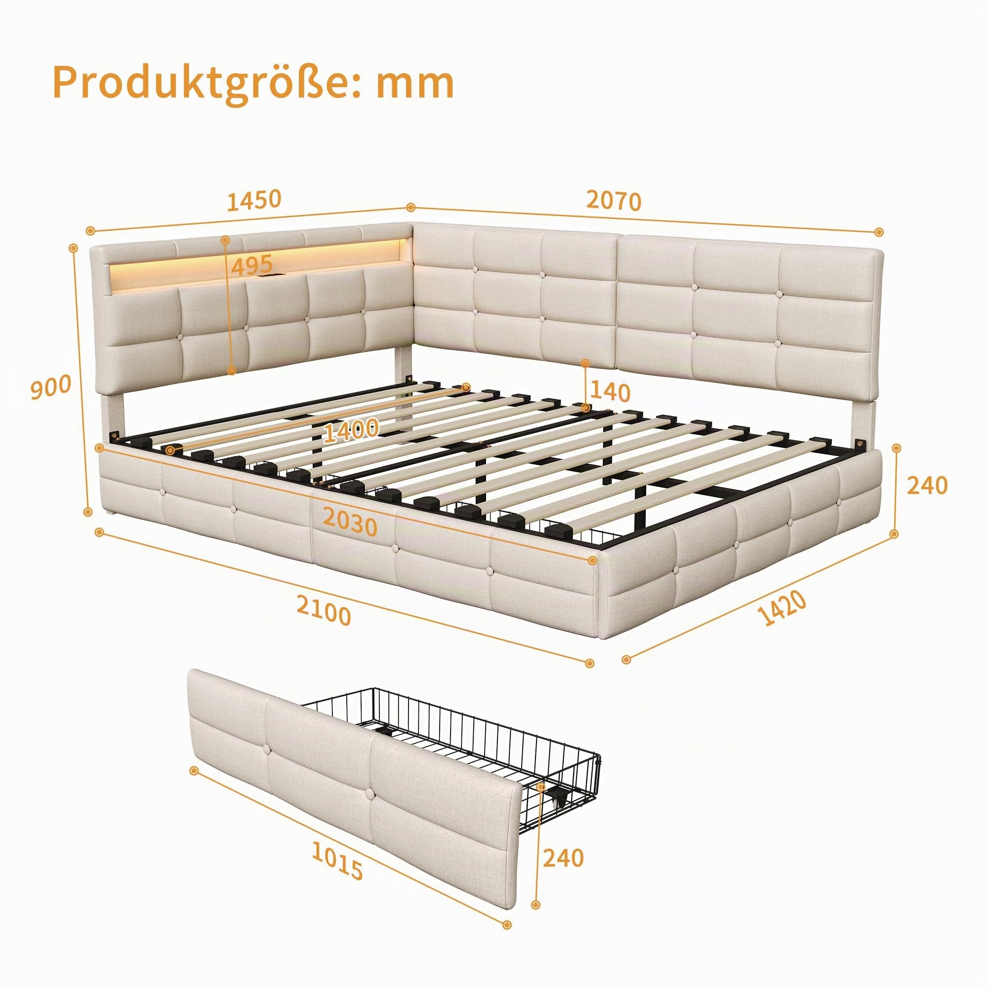 PerGar Polsterbett 140x200cm L-Form mit LED & USB Lader, Eckbett mit 2 Schubladen & Stauraum, Tagesbett aus Leinenstoff, Wechselbare Seite (Links/Rechts), für Jugendzimmer & Gästezimmer, Beige