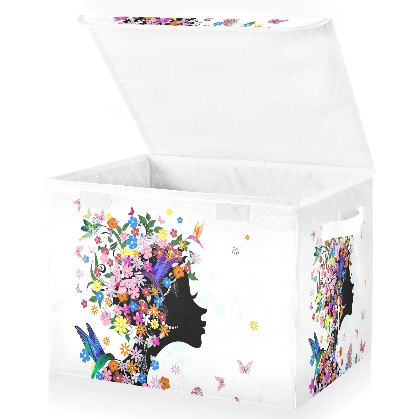 Oyihfvs Floral Girl Butterflies Foldable Cube Storage Basket Collapsible Fabric with Lidded Sturdy Handles Organizer Box for Home Bedroom 16.5 x 12.6 x 11.8 in