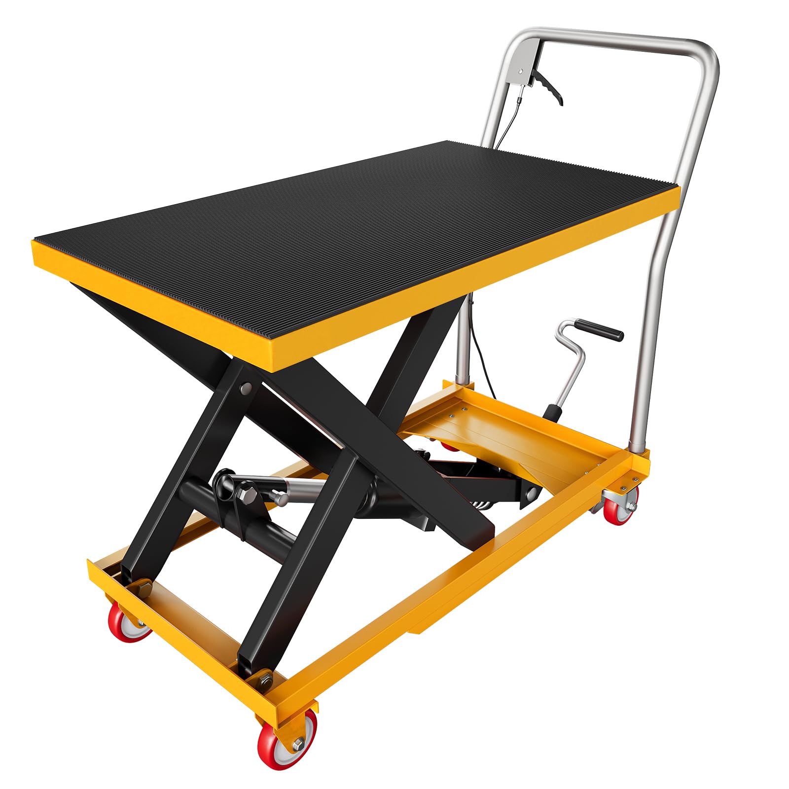 garveetech hydraulic lift table cart, 330lbs capacity 28.5" lifting height, manual single scissor lift table with locking wheels and non-slip pad, hydraulic scissor cart for material handling,yellow