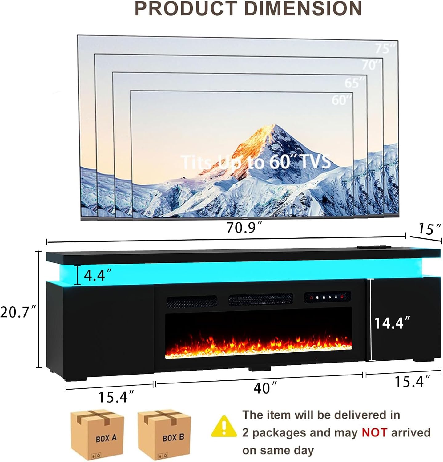 70.9'' Fireplace TV Stand for 75 Inch TVs, Modern Entertainment Centers with LED Lights, High Gloss TV Console with 40’’ Electric Fireplace and Power Outlet, Storage Open Shelves, Black