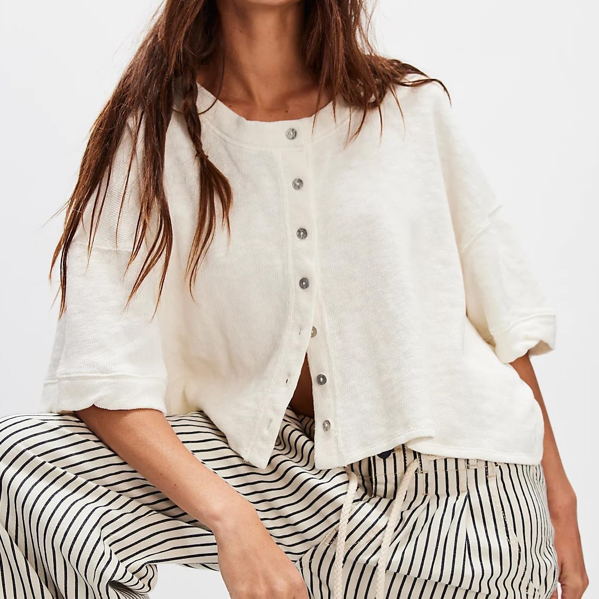 Women Button Front Cardigan Half Sleeve Solid Color Loose Fit Casual Lightweight Sweater Jacket Knit Jumper Tops - Image 4