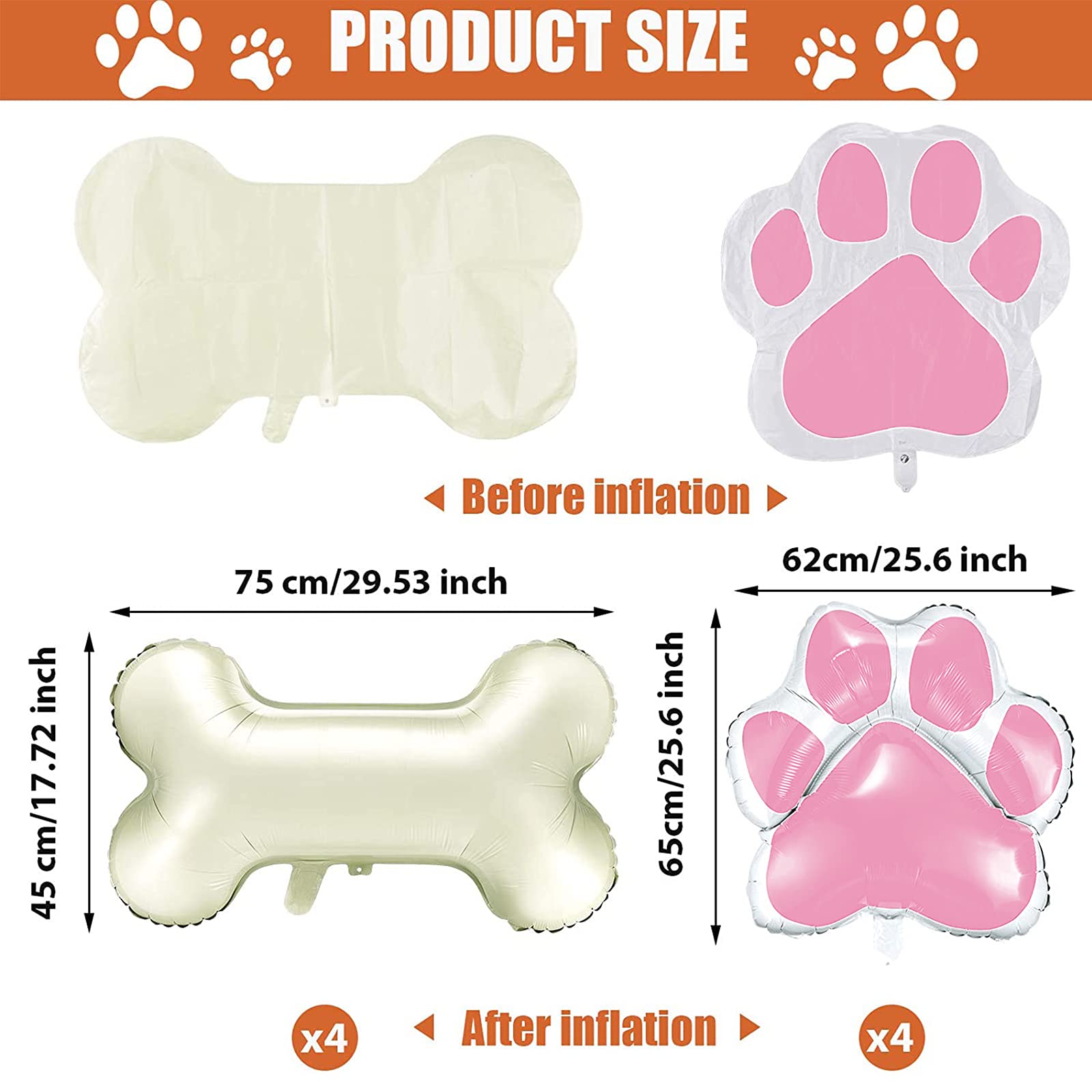8 Pieces Dog Balloons for Birthday Party Decorations Include 4 Foil Dog Bone Shaped and 4 Helium Paw Print Balloons for Pet Puppy Party Supplies Baby Shower(Pink)