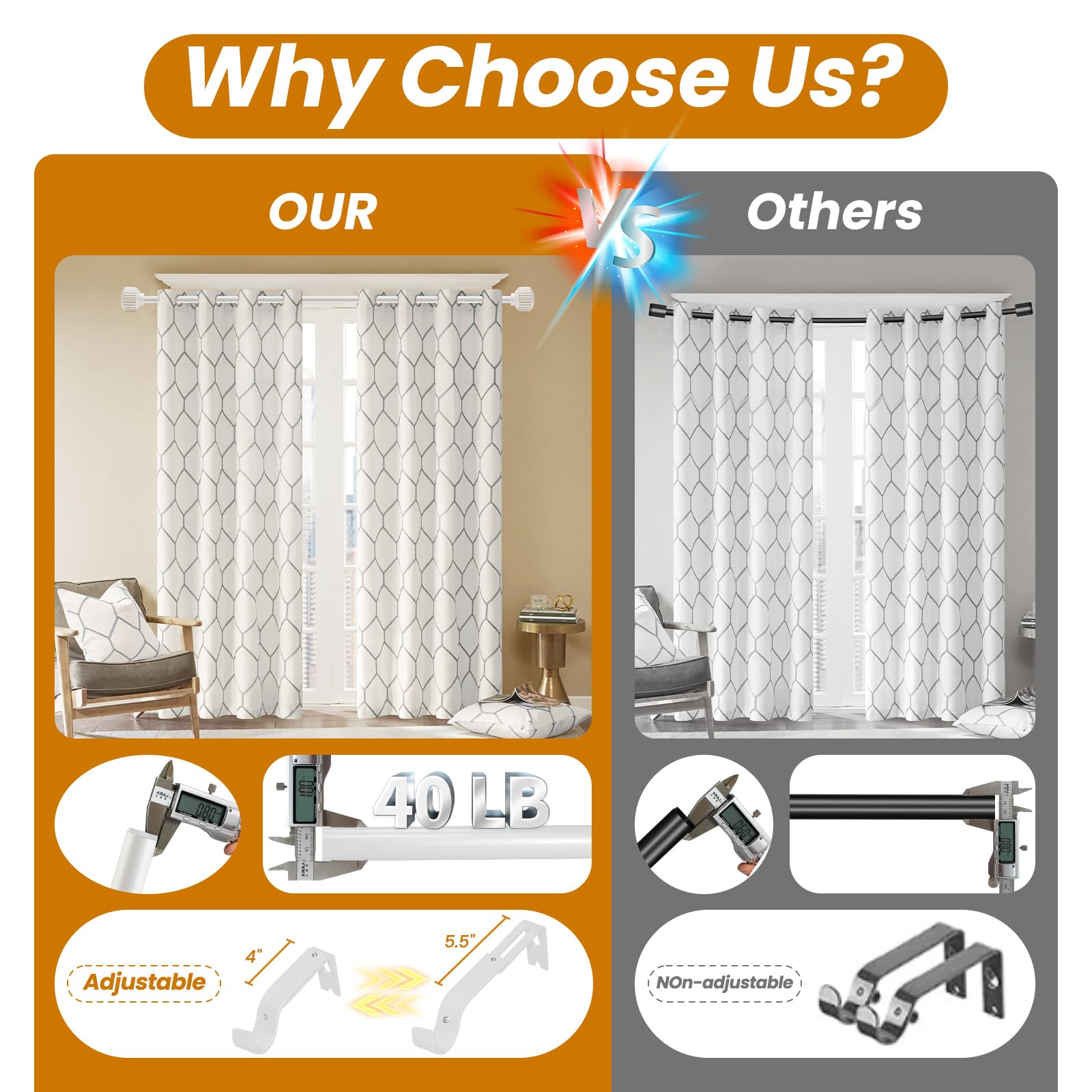 White Curtain Rod - Heavy Duty & 66-120" -4 White Curtain Rod - Heavy Duty & 66-120" -4