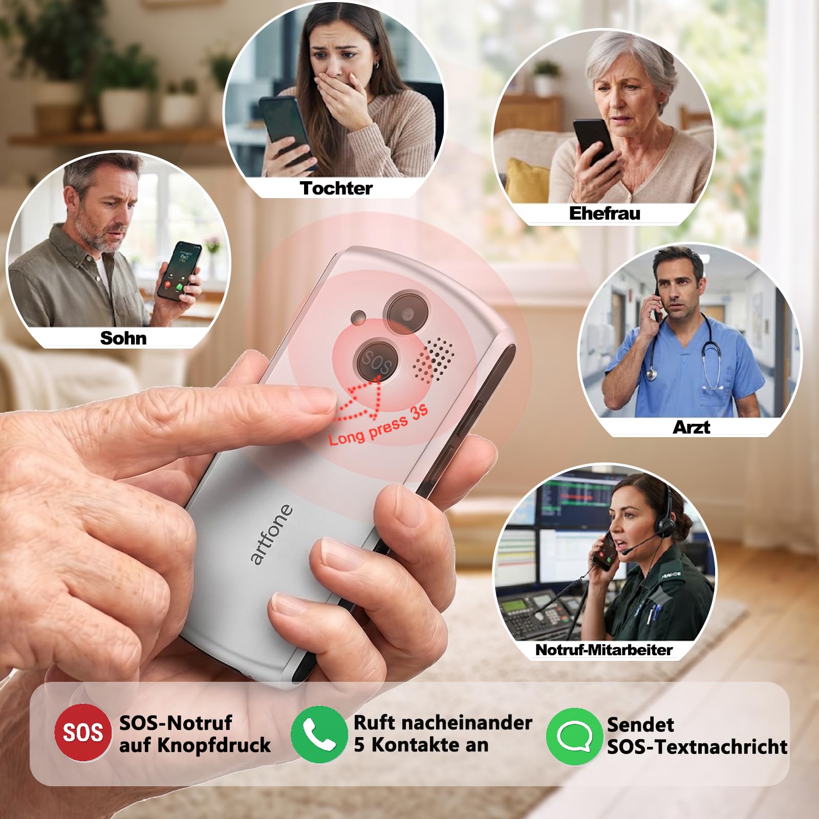 artfone Volte - Telefono cellulare 4G per anziani, senza contratto, con tasti grandi, con pulsante di chiamata di emergenza e batteria da 1800 mAh, doppia SIM con stazione di ricarica da tavolo