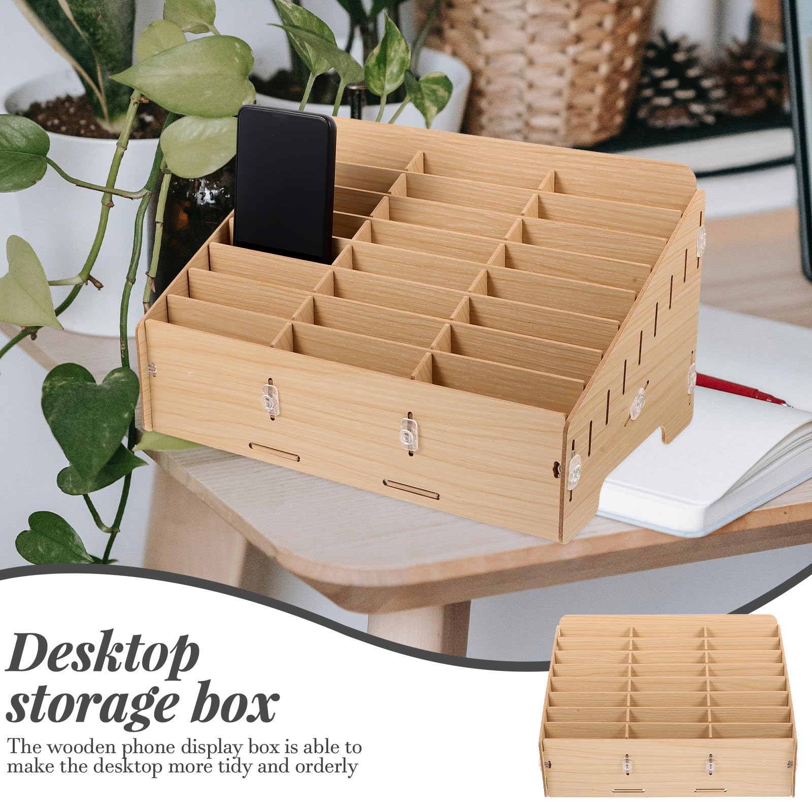 Yardwe Caja Almacenamiento Madera Compartimentos para Escritorio Organizador para Teléfono Cosméticos y Utensilios con Diseño Natural