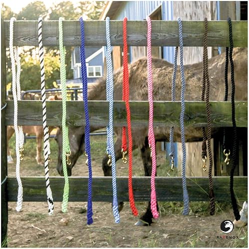 Ravenox Cuerda de plomo de algodón para caballo (blanco, blanco y negro) Cuerda de algodón trenzado de 58 pulgadas x 8 pies, broche giratorio