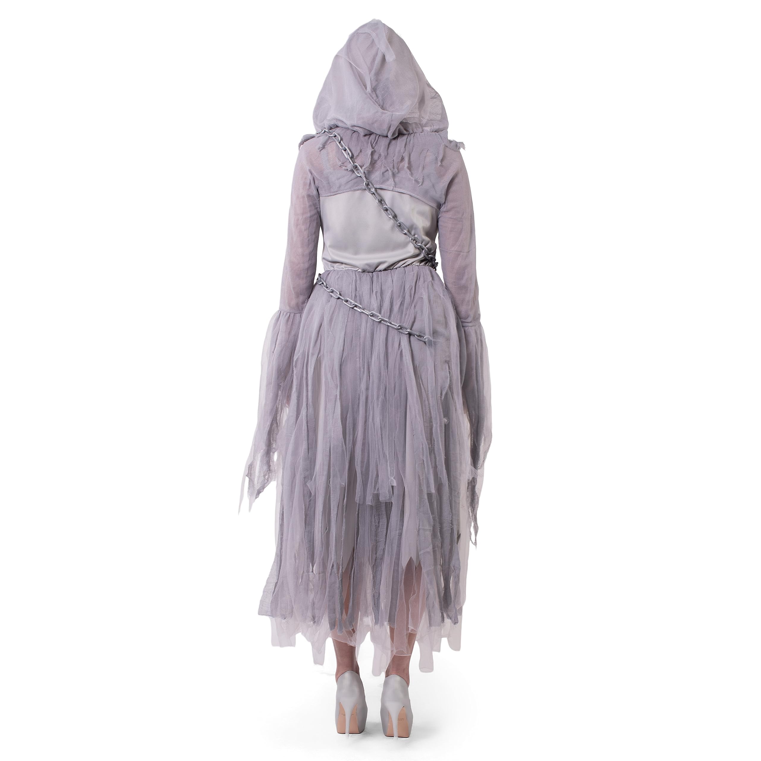 Spooktacular Creations Damski kostium ducha z plastikowym łańcuszkiem, peleryna z kapturem dla dorosłych