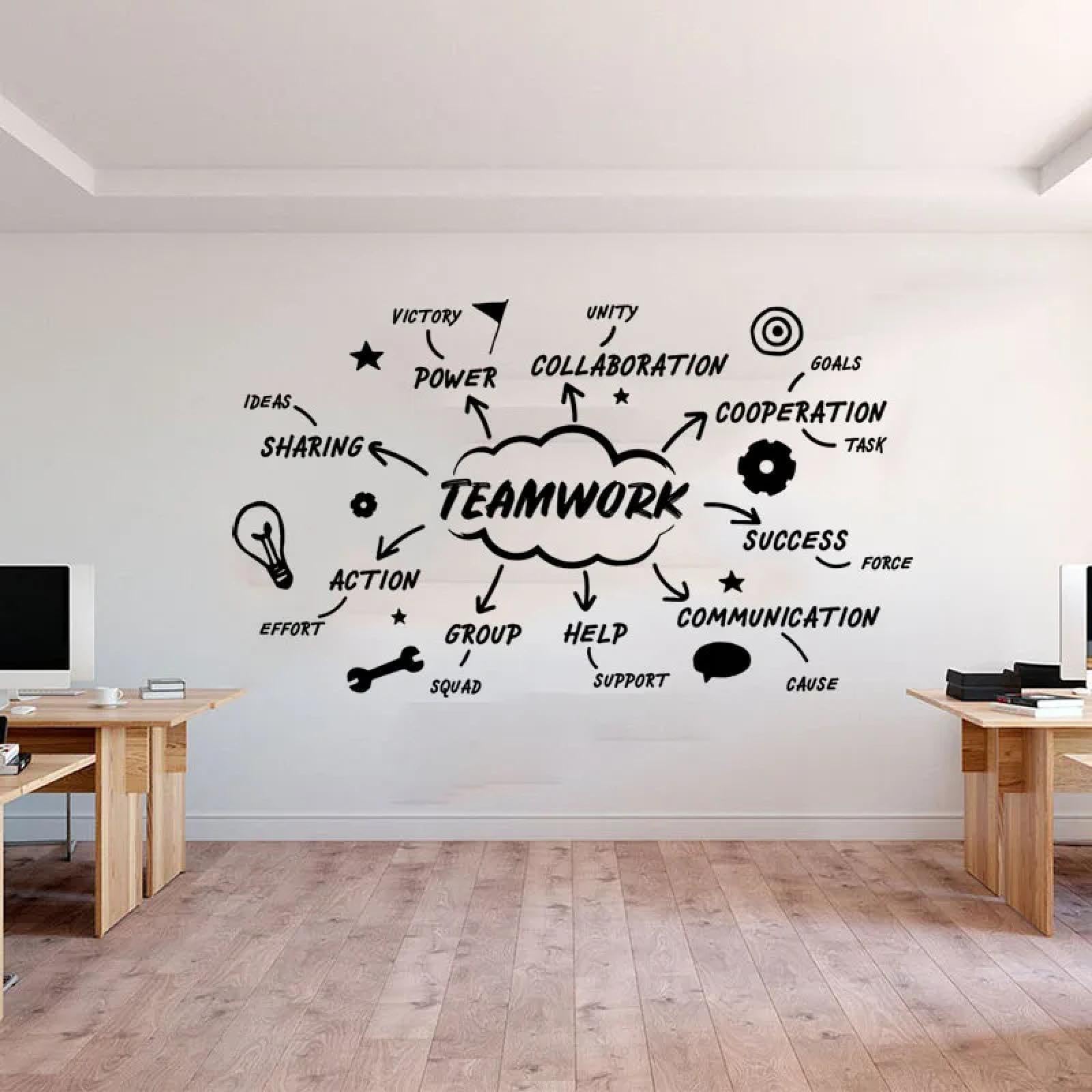 Wandaufkleber 'Teamarbeit Mit Zitaten' – Vinyl, 31x42cm, Schwarz, Selbstklebend, Für Büro & Zuhause