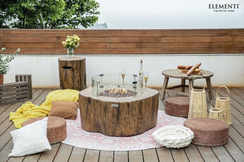Elementi | Bundle Manchester Gas Fire Pit Cast Concrete Semi-Round Fire Table, Outdoor Fire Pit Electronic Ignition | Canvas Cover, Lava Rock Included | Red Wood | Natural Gas