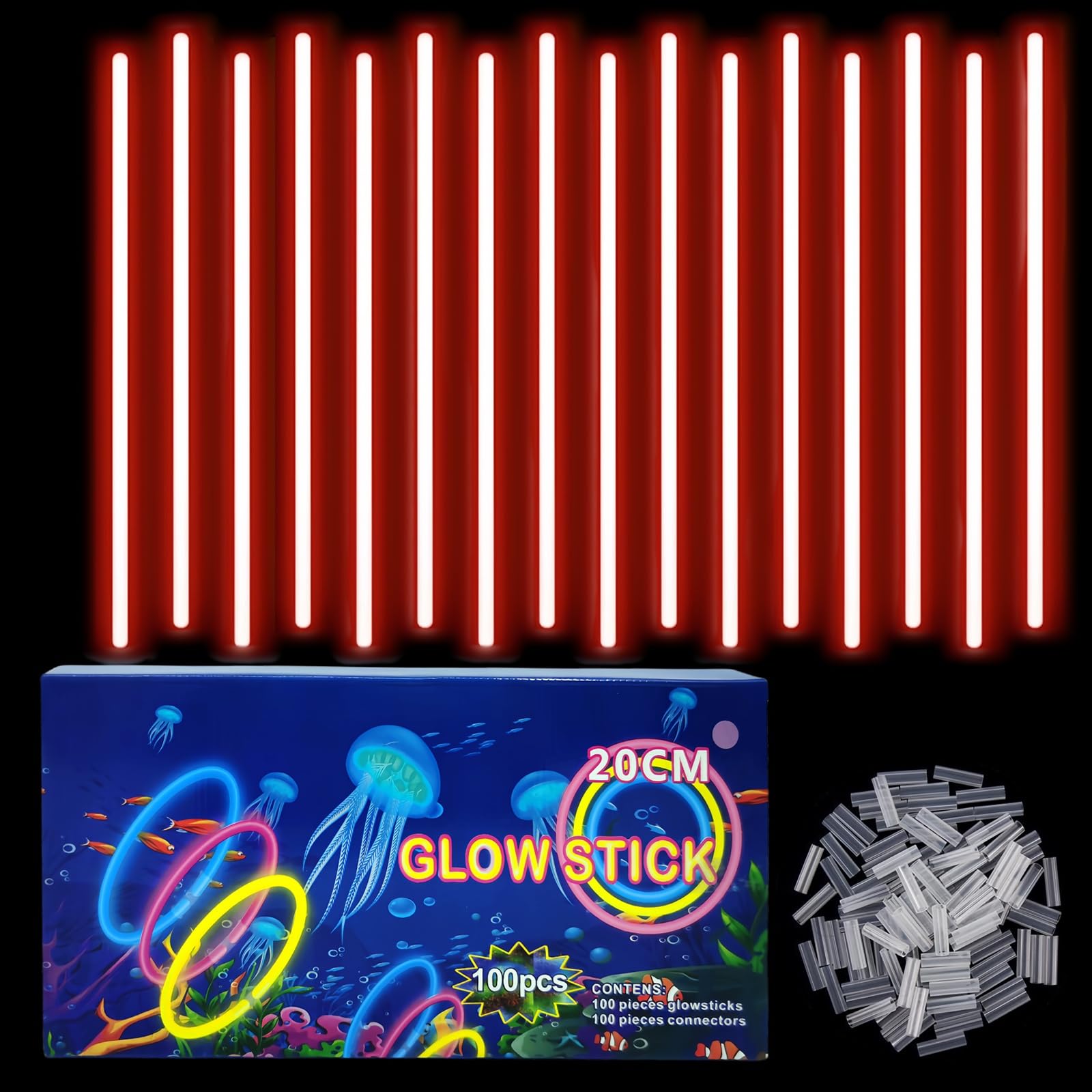 COSORO 100Pcs Red Glow Sticks Party Packs for Glow in the Dark Party Supplies,Children Glow Stick Necklaces Bracelets,20cm Glowsticks Bulk for Adults Halloween Christmas Party Bag Fillers