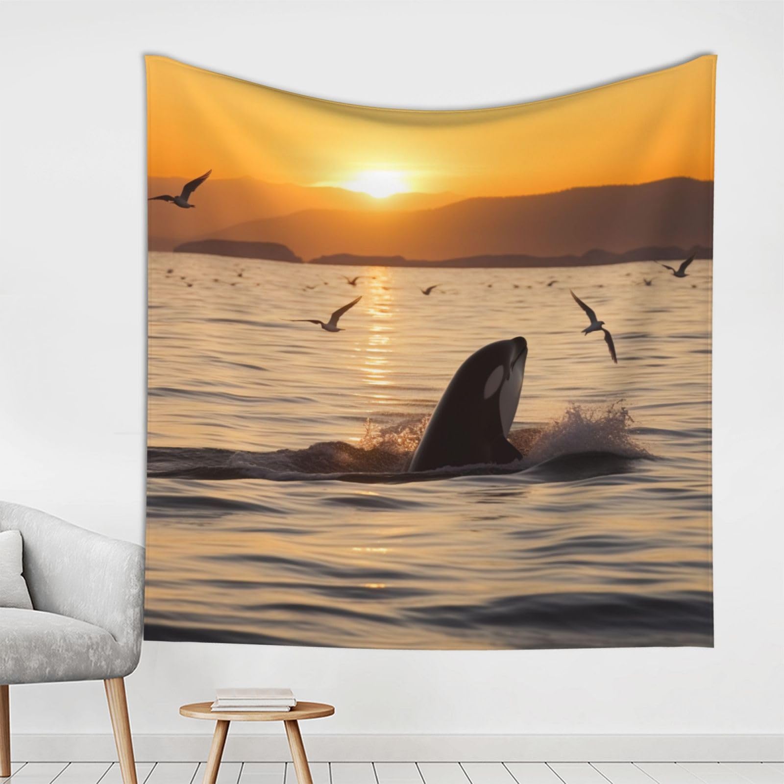 KCGSDEGV Killer Whale Under Sunset Printed Tapestry Wall Hanging 150x150 CM - Exquisite Wall Decoration for Home Bedroom, Living Room, Dorm
