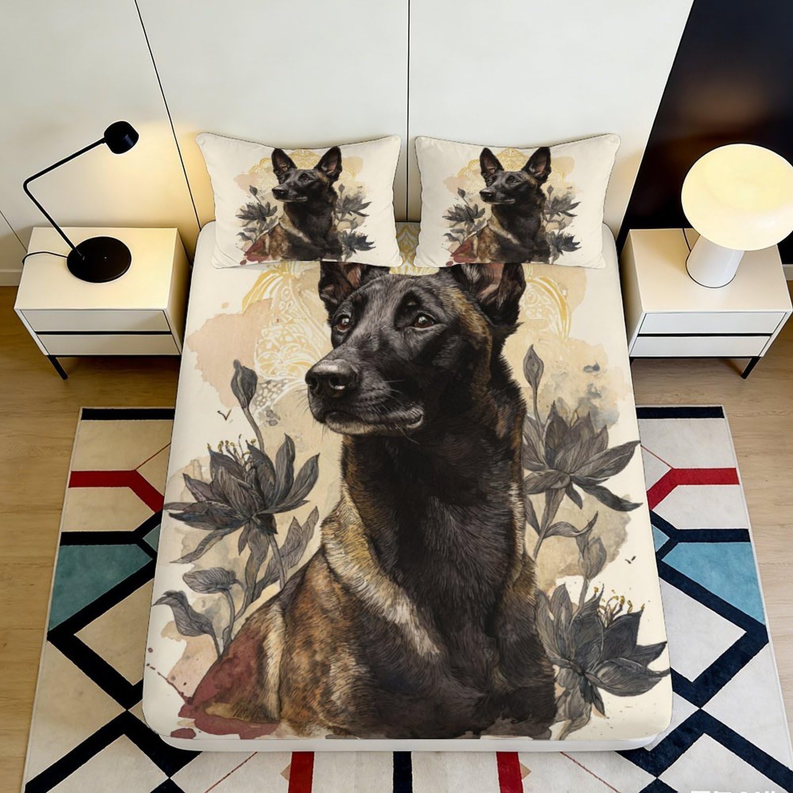 Pnayamiorkfel Style-1 3D Printed Belgian Malinois Fitted Sheet Microfiber Durable Floral Bed Cover For Bedroom Guest Room Decor 90X200x25cm