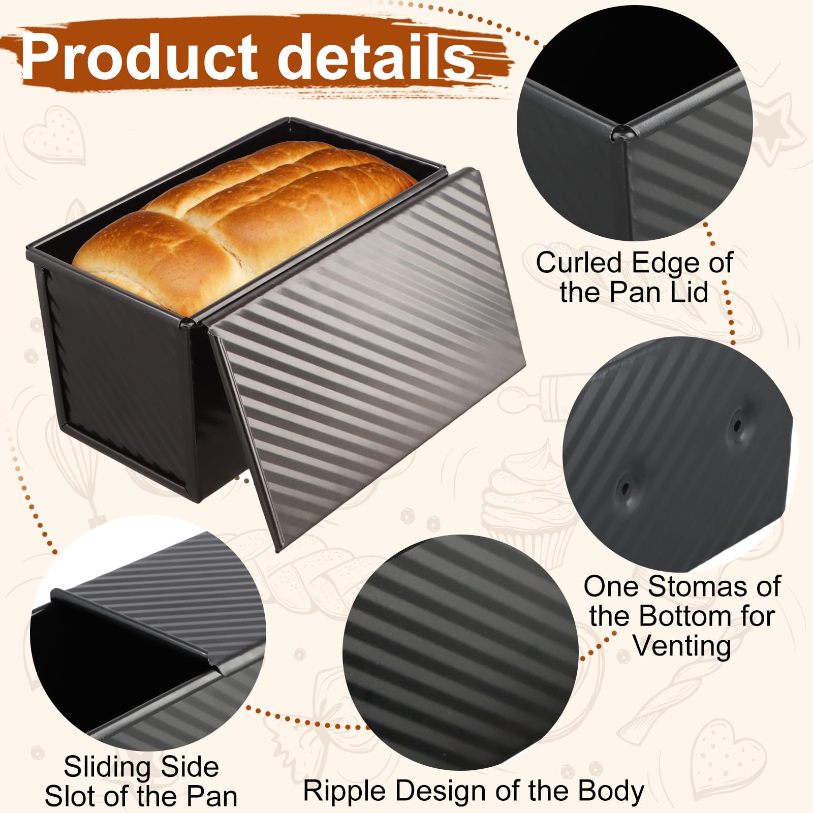 2 pièces moule à pain de mie acier carboné antiadhésif, couvercle inclus, ventilé, grattoir fourni, résistant à 220°C, patisserie