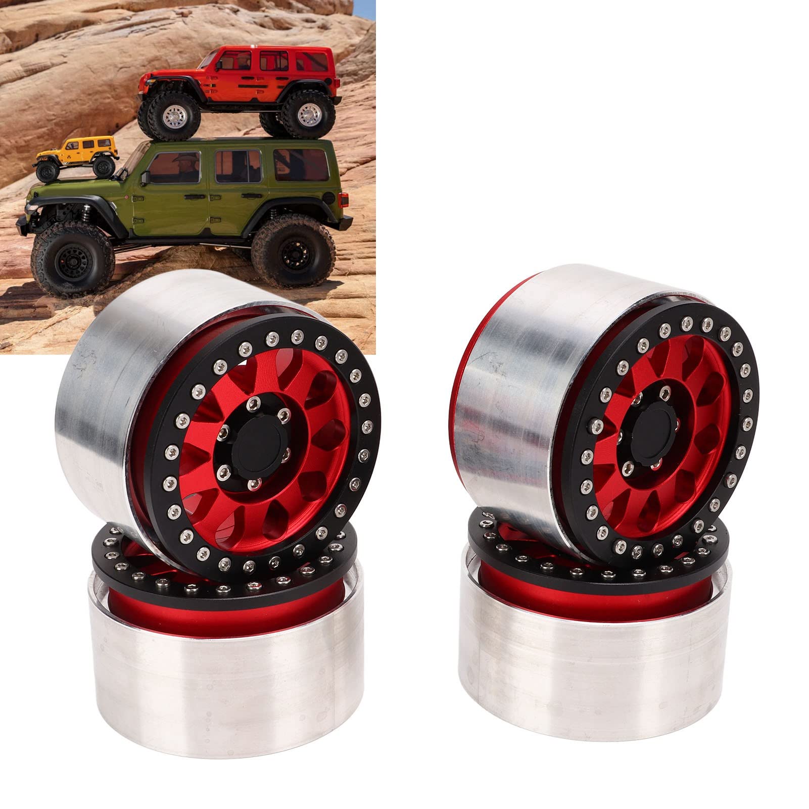 Jantes de roue pour voiture RC, lot de 4 pièces : jantes de rechange en alliage d’aluminium pour voitures RC SCX6 1/6, jantes légères et durables de 2,9 pouces offrant un excellent (Rouge)
