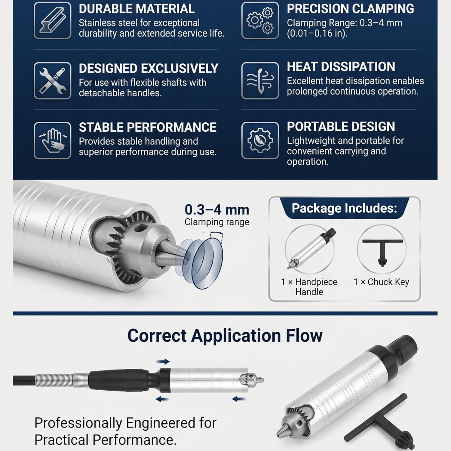 Flex Shaft Handpiece Replacement Chuck Key 0.3 to 4mm Stainless Steel for Rotary Tool Grinder Carver Accessory