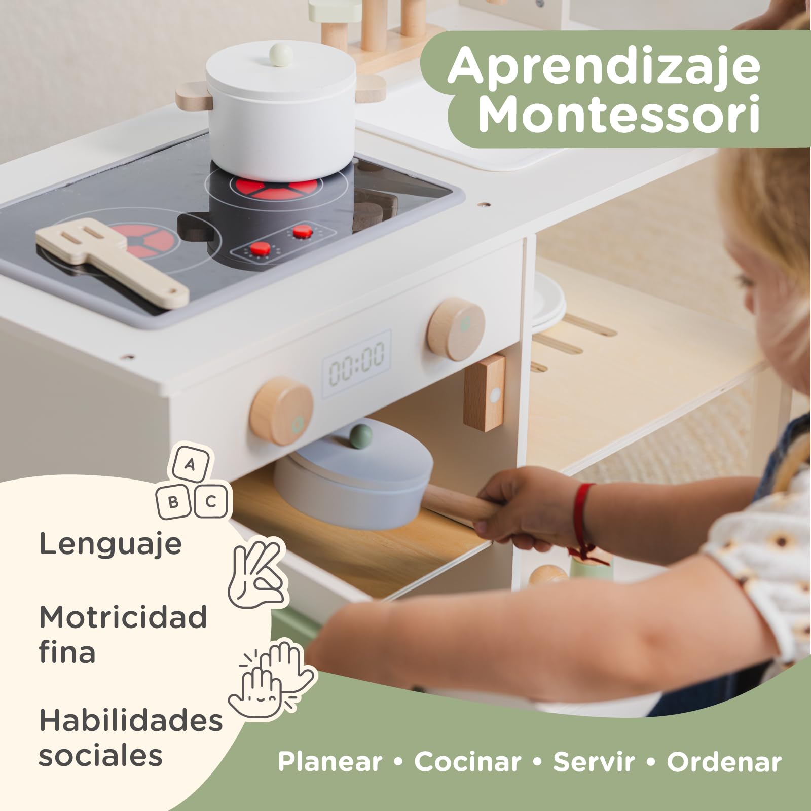 Nene Toys Cocina Juguete para Niños con Luces y Sonidos - Cocinita Infantil de Madera con Horno, Estantes y Accesorios – Juego de Imitación Montessori 3 años - Regalo para Niñas y Niños Desde 3 años