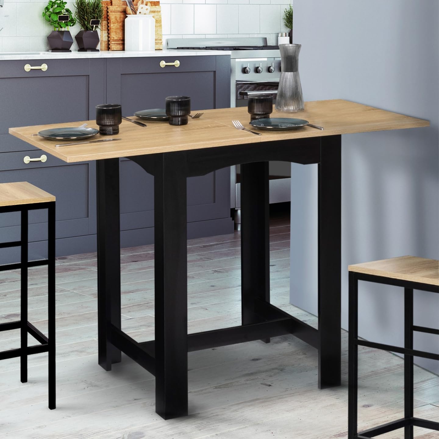 IDMarket - Ausziehbarer Bar-Hochtisch DONA 2-4 Personen schwarz Tischplatte in Buchenoptik 60-120 cm