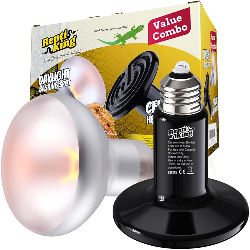 Kit de lâmpadas de aquecimento para terrário ReptiKing com emissor cerâmico e lâmpada daylight UVA 150W, 300W