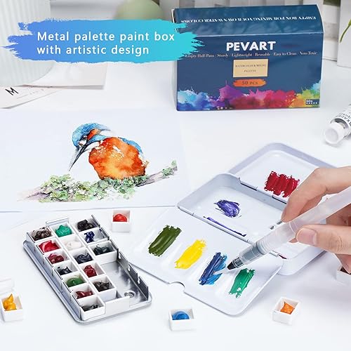 Miniatura 7 de PEVART Paleta de Pintura de Acuarela Vacía, Caja de Paleta de Mezcla de Metal con 50 Godetes de Acuarela y Paleta Desplegable Bandeja de Pintura de