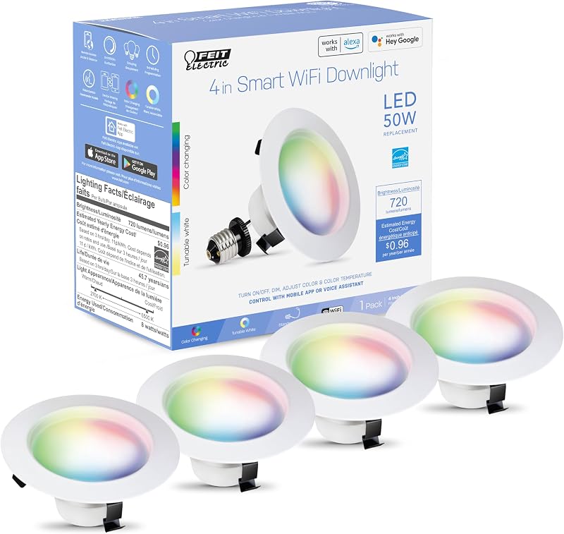 Luz empotrada inteligente Feit Electric de 4 pulgadas, 50 W Eq, 720 lúmenes | Regulable, cambio de color y blanco sintonizable, Wi-Fi de 2,4 GHz, luz empotrable LED, base E26, funciona con Alexa y Google, paquete de 4