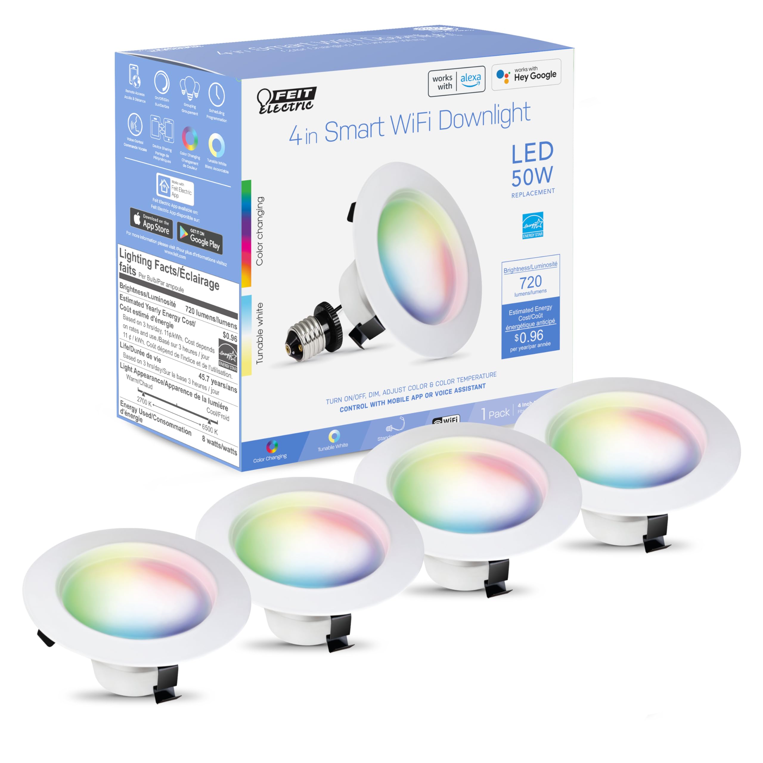 Feit Electric4 Inch Smart Recessed Lights, Color Changing and Tunable White, 2.4GHz WiFi Retrofit LED Downlight E26 Base, Dimmable, 4 Pack, LEDR4/RGBW/AG/4