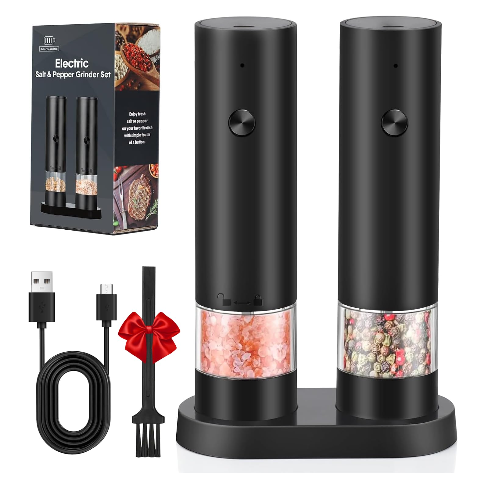 Electric Salt and Pepper Grinder Set, USB Rechargeable Automatic Pepper Mill with Storage Base, Adjustable Coarseness Salt Grinder, Washable Container for Kitchen/Picnic/BBQ