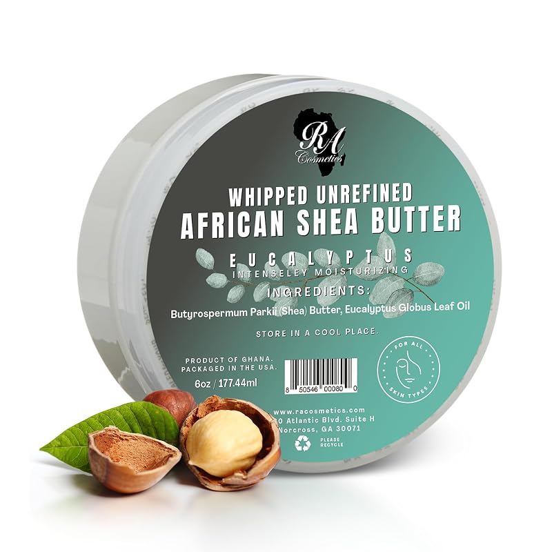 RA COSMETICS Manteiga corporal aerada de karité africano não refinado com eucalipto, 210 g