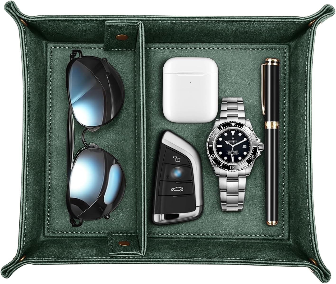 SITHON Valet Tray Desktop Storage Organizer, Removable 2 Compartments Catchall Tray Bedside Vanity Nightstand Caddy Holder Desk Storage Plate, Dark Green