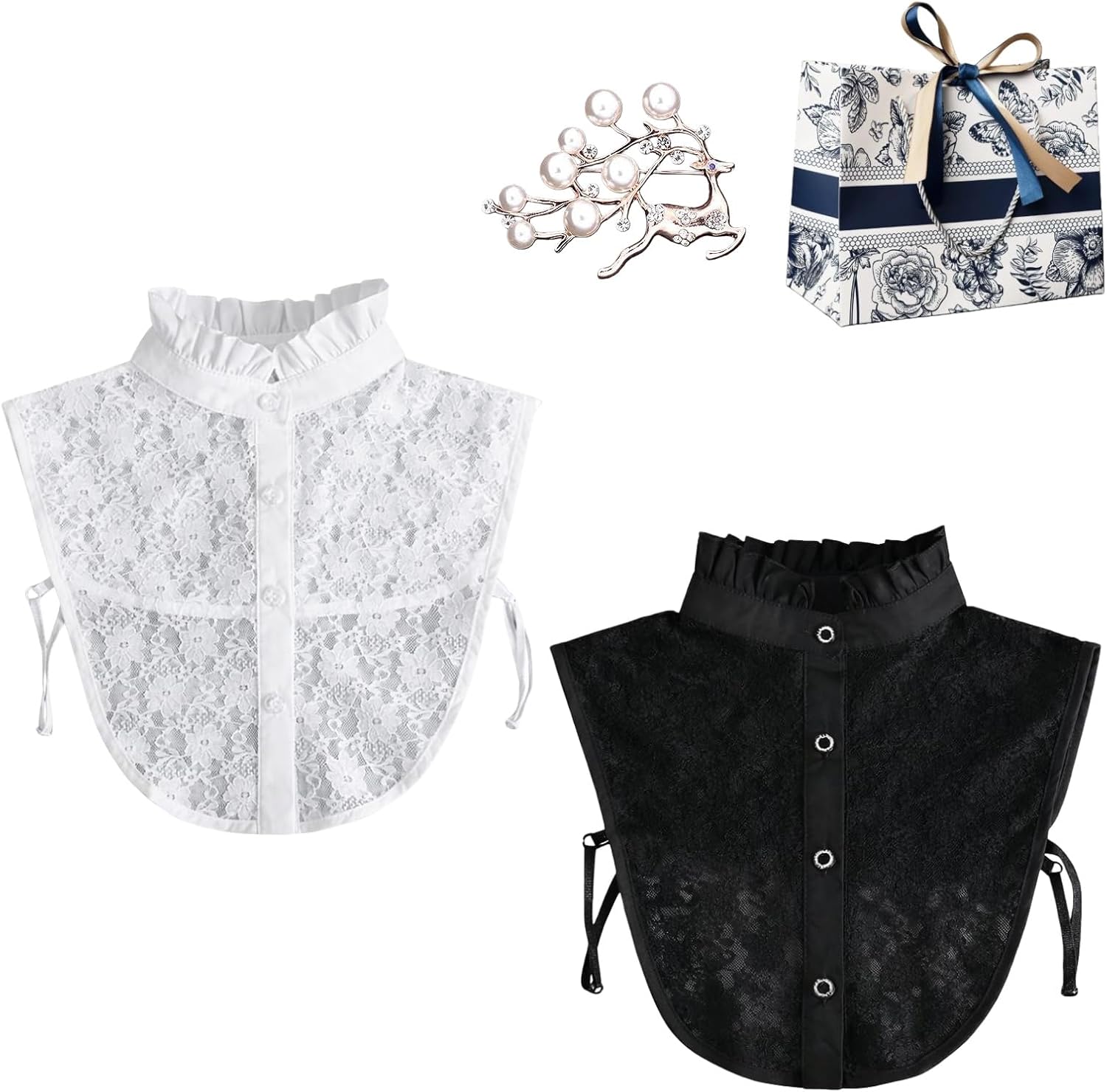 Detachable Collar, Fake Collar Dickey Blouse Half Shirt with Brooch, Lace Vintage Neckline for Sweater Dress Outfit Women