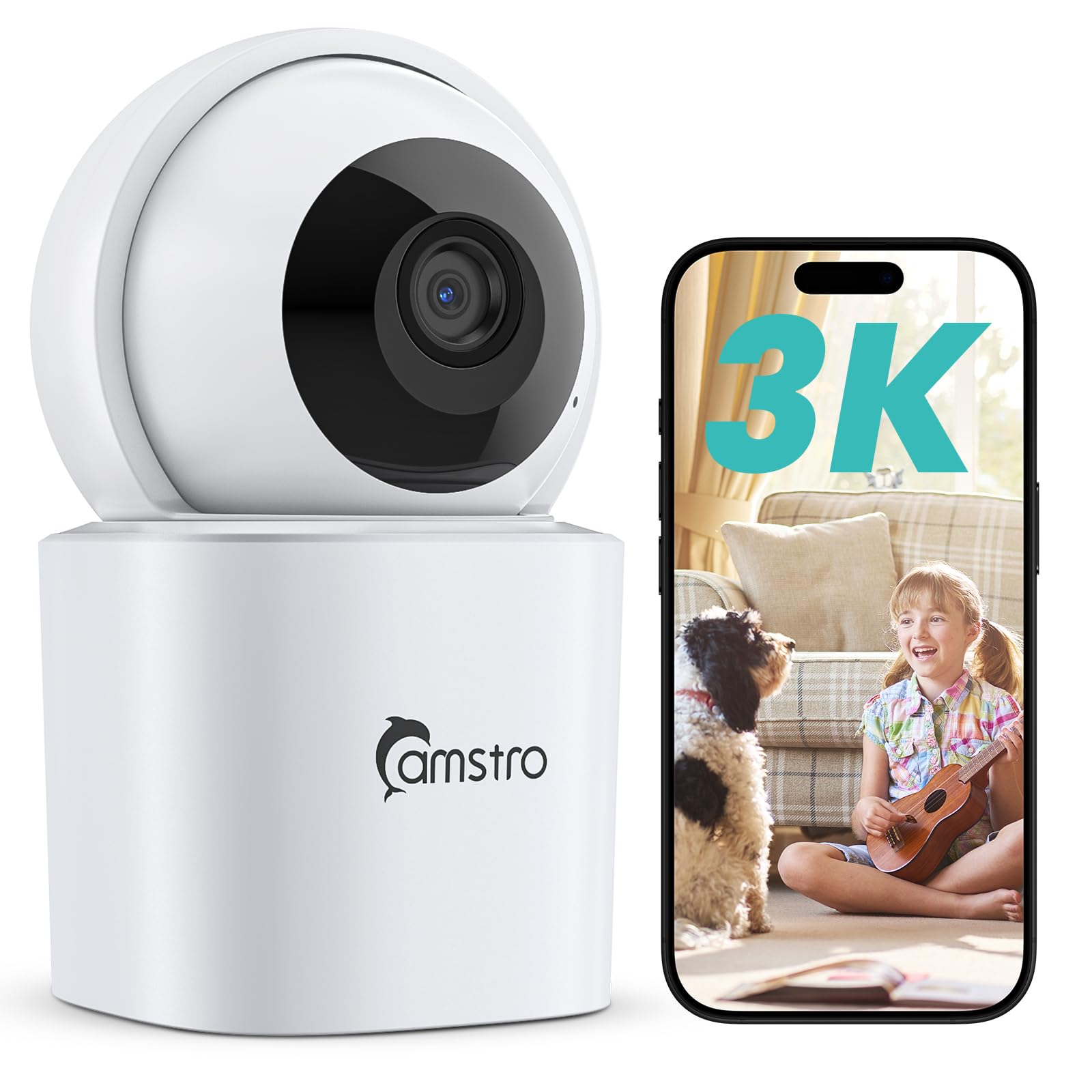 CAMSTRO 3K Indoor Security Camera 360ï¿½PTZ Home Baby/Pet Monitor, Auto Tracking,2.4/5GHz WiFi, AI Motion & Sound Detection,2-Way Audio, Night Vision, SD/Cloud Storage, Works with Alexa, No Monthly Fee